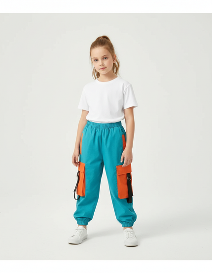 Pantalon Cargo Bleu Orange Ample Sangles Enfant - Molleton