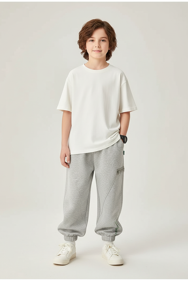 Pantalon Cargo Gris Ample Coton Enfant Décontracté - Molleton