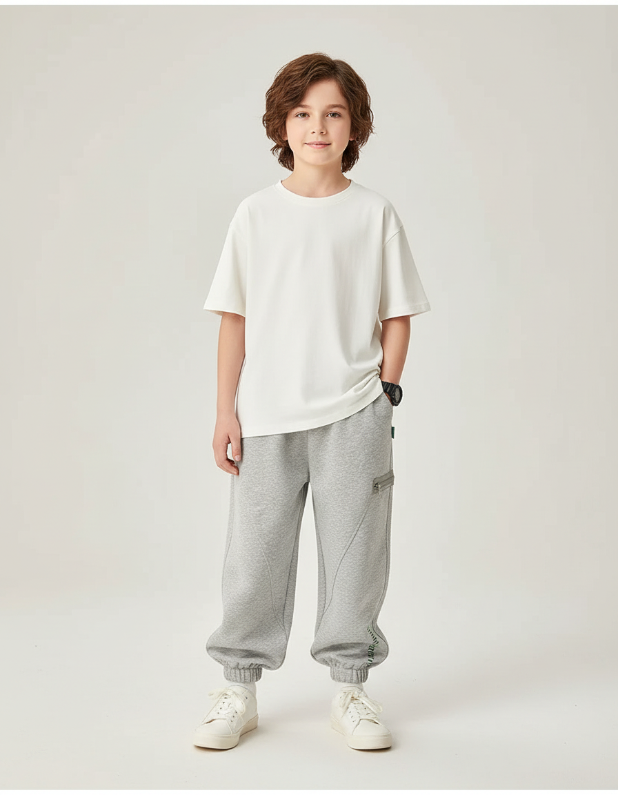 Pantalon Cargo Gris Ample Coton Enfant Décontracté - Molleton