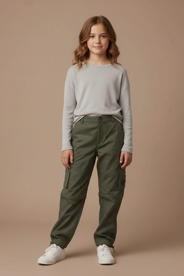 Pantalon Cargo Vert Militaire Ample Détachable Enfant - Kaki Gabardine