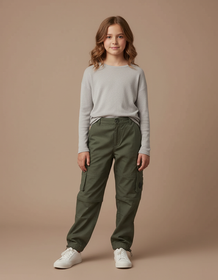 Pantalon Cargo Vert Militaire Ample Détachable Enfant - Kaki Gabardine