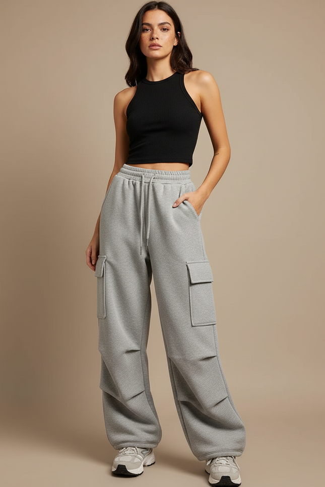 Pantalon Cargo Gris Ample Molleton Multipoches Femme