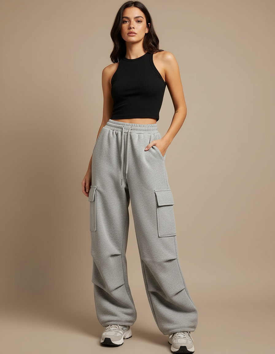 Pantalon Cargo Gris Ample Molleton Multipoches Femme