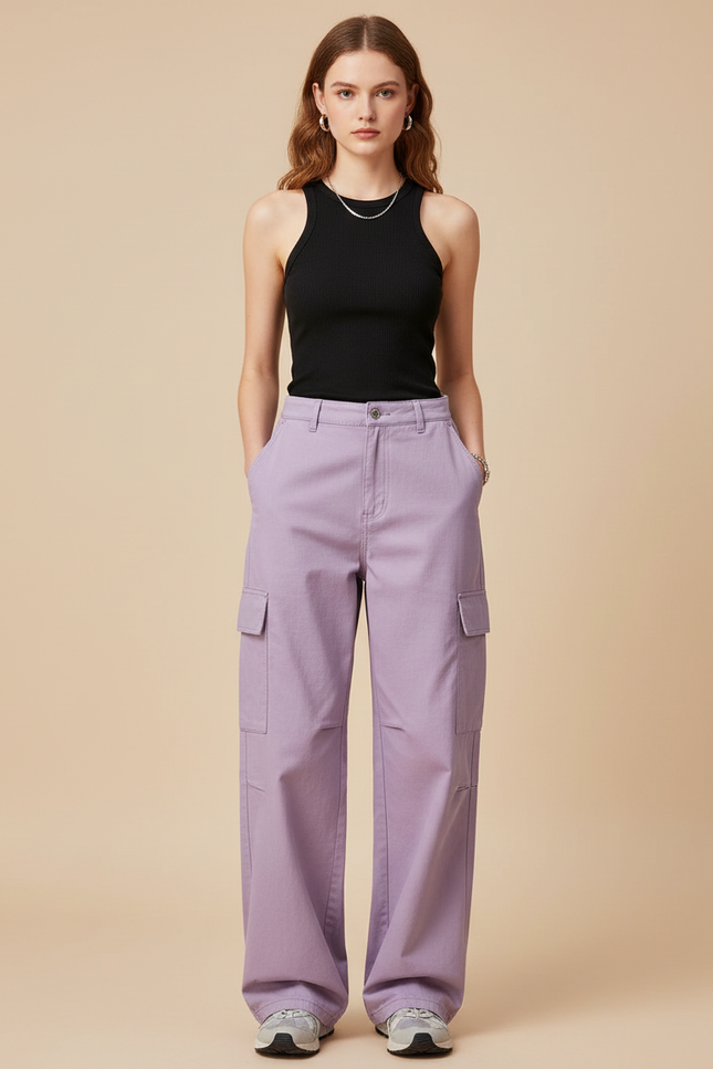 Pantalon Cargo Violet Ample Multi-Poches Femme Décontracté - Coton