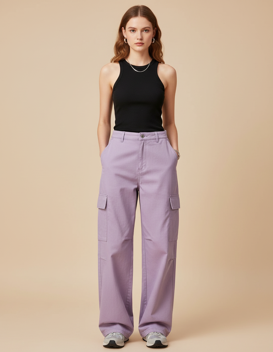 Pantalon Cargo Violet Ample Multi-Poches Femme Décontracté - Coton