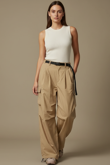 Pantalon Cargo Beige Fluide Ample Nylon Plissé - Polyester