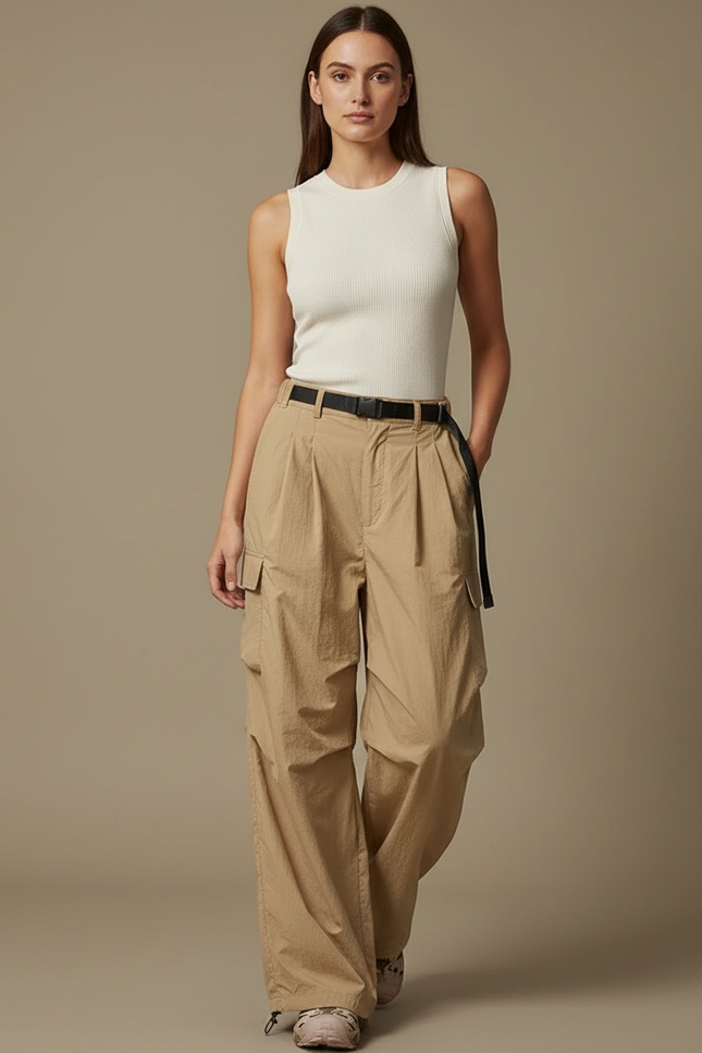 Pantalon Cargo Beige Fluide Ample Nylon Plissé - Polyester