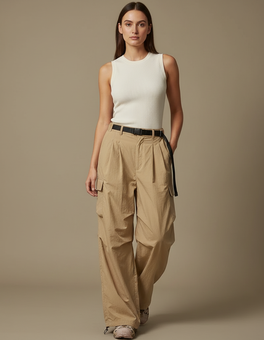 Pantalon Cargo Beige Fluide Ample Nylon Plissé - Polyester