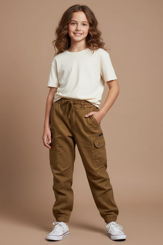 Pantalon Cargo Marron Coton Multipoches Fille Décontracté - Kaki Toile