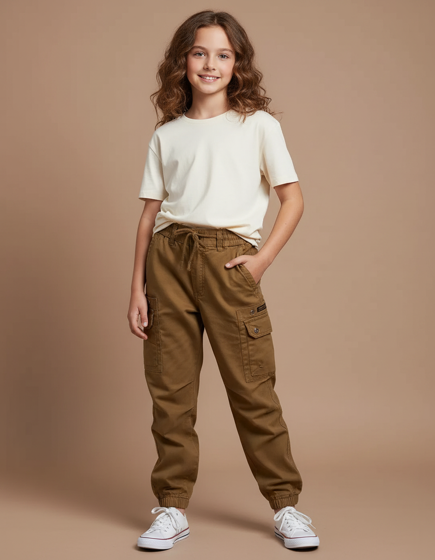 Pantalon Cargo Marron Coton Multipoches Fille Décontracté - Kaki Toile
