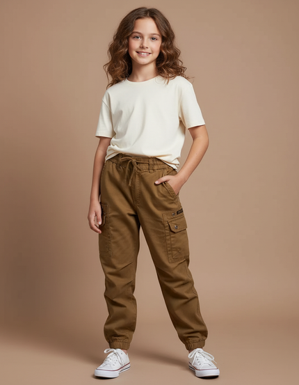 Pantalon Cargo Marron Coton Multipoches Fille Décontracté - Kaki Toile