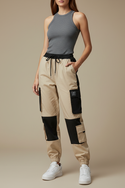 Pantalon Cargo Beige Noir Coton Multi-Poches Décontracté Femme