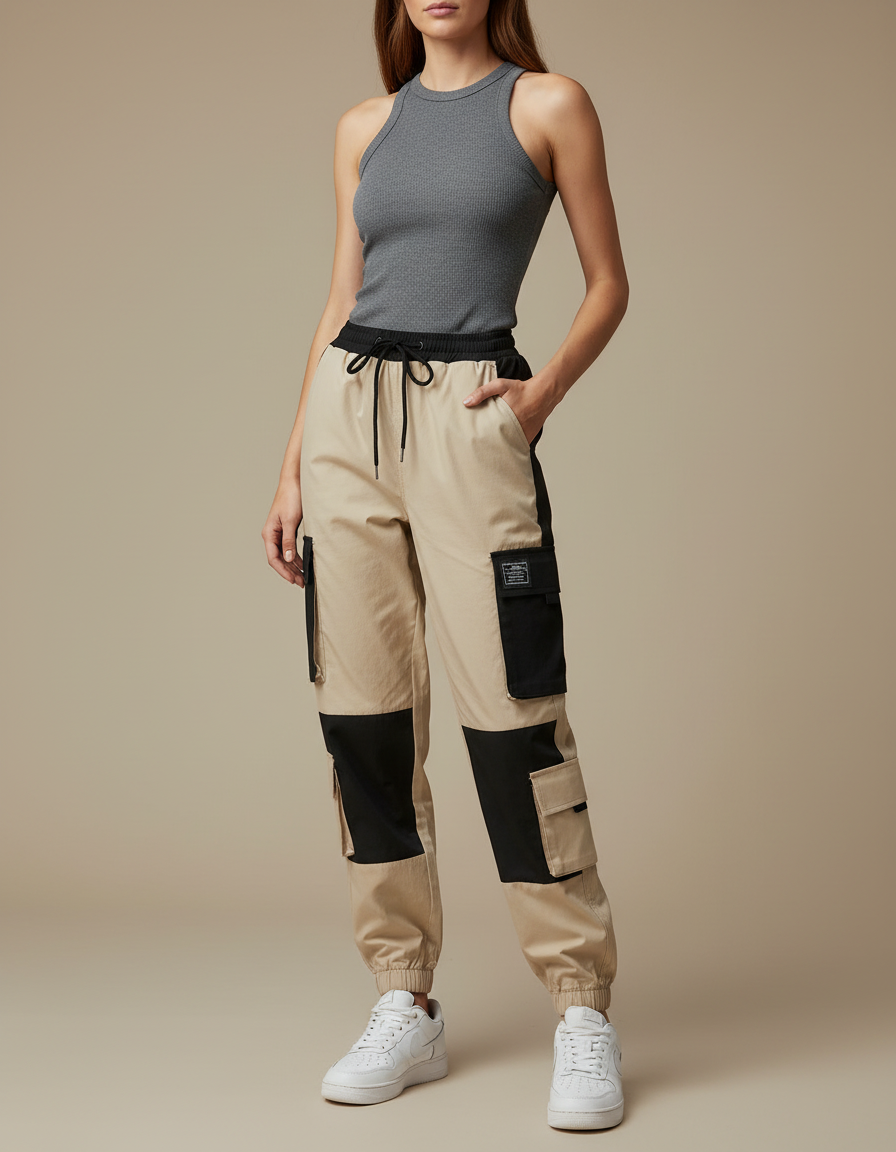 Pantalon Cargo Beige Noir Coton Multi-Poches Décontracté Femme