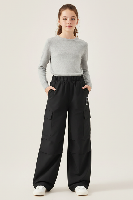Pantalon Cargo Noir Ample Poches Latérales Enfant - Gabardine