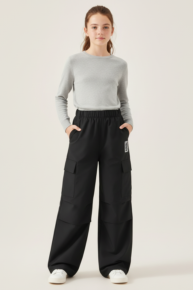 Pantalon Cargo Noir Ample Poches Latérales Enfant - Gabardine