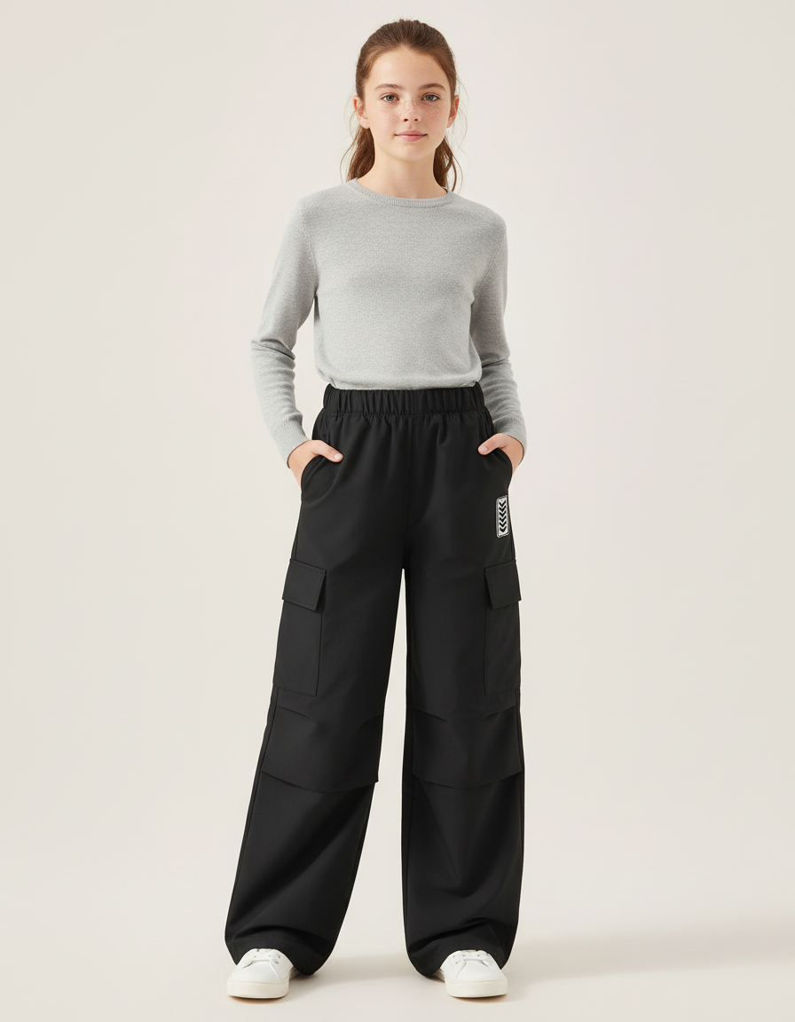 Pantalon Cargo Noir Ample Poches Latérales Enfant - Gabardine