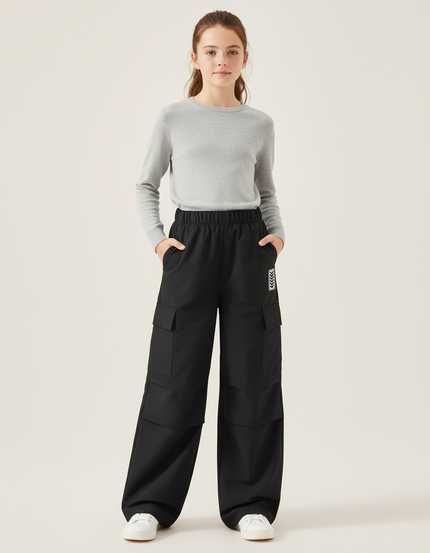 Pantalon Cargo Noir Ample Poches Latérales Enfant - Gabardine