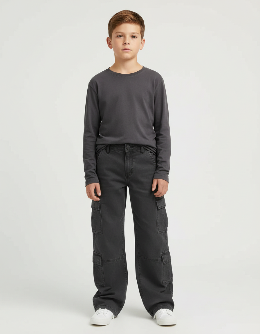 Pantalon Cargo Gris Ample Décontracté Garçon - Toile