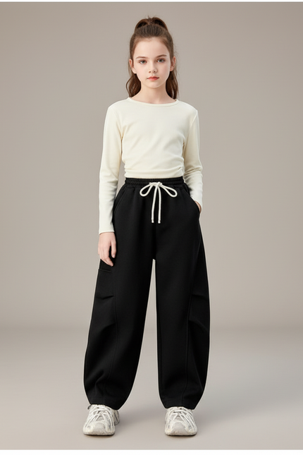Pantalon Cargo Noir Ample Décontracté Molletonné Fille