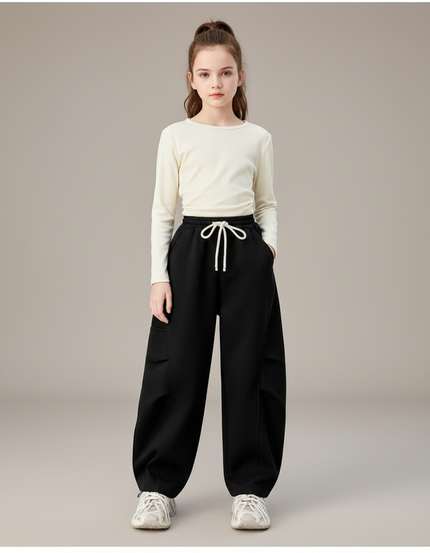Pantalon Cargo Noir Ample Décontracté Molletonné Fille