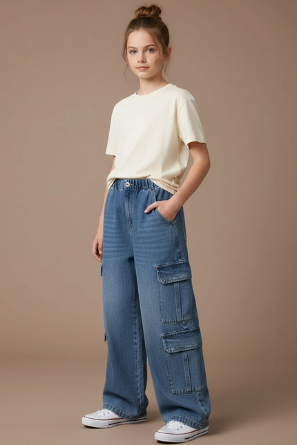 Pantalon Cargo Denim Ample Bleu Multipoches Fille - Jean