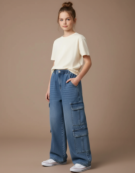 Pantalon Cargo Denim Ample Bleu Multipoches Fille - Jean