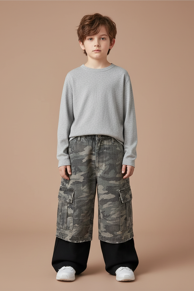 Pantalon Cargo Camouflage Ample Enfant Superposé Décontracté - Imprimé Jean