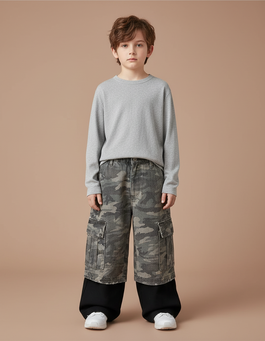 Pantalon Cargo Camouflage Ample Enfant Superposé Décontracté - Imprimé Jean