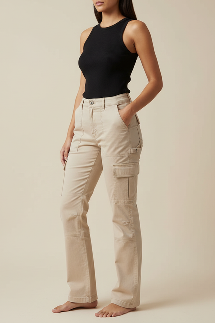 Pantalon Cargo Beige Droit Taille Haute Multipoches - Toile