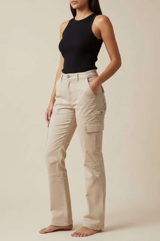 Pantalon Cargo Beige Droit Taille Haute Multipoches - Toile