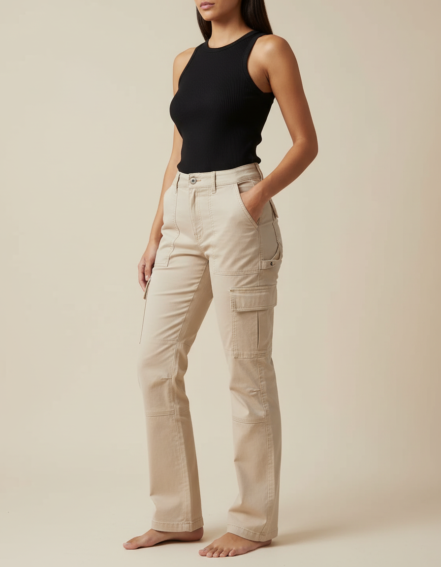 Pantalon Cargo Beige Droit Taille Haute Multipoches - Toile