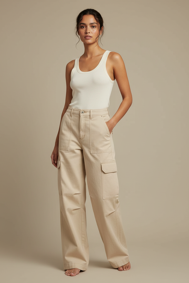 Pantalon Cargo Beige Ample Coton Décontracté Femme - Toile
