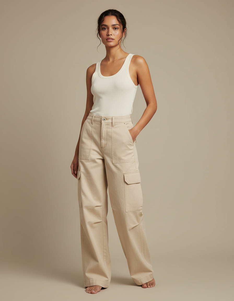 Pantalon Cargo Beige Ample Coton Décontracté Femme - Toile