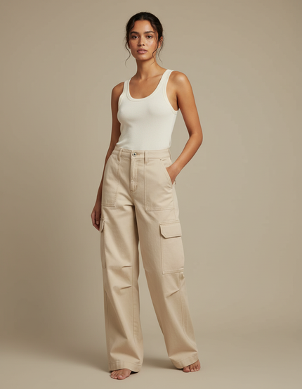 Pantalon Cargo Beige Ample Coton Décontracté Femme - Toile