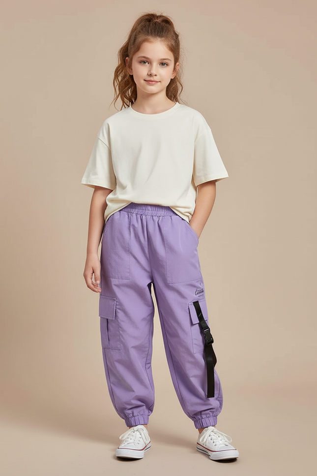 Pantalon Cargo Violet Ample Fille Streetwear - Polyester