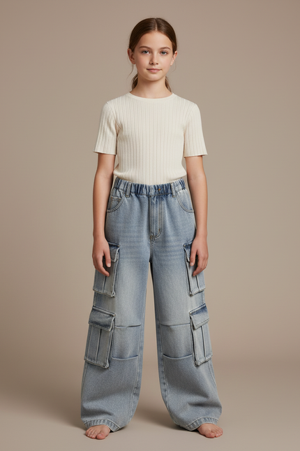 Pantalon Cargo Jean Ample Délavé Multipoches Fille - Bleu