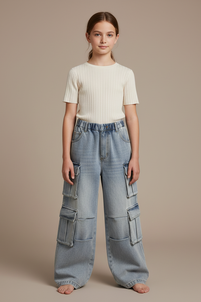 Pantalon Cargo Jean Ample Délavé Multipoches Fille - Bleu