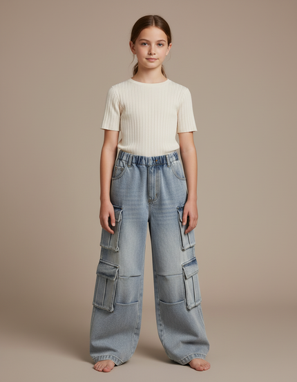 Pantalon Cargo Jean Ample Délavé Multipoches Fille - Bleu