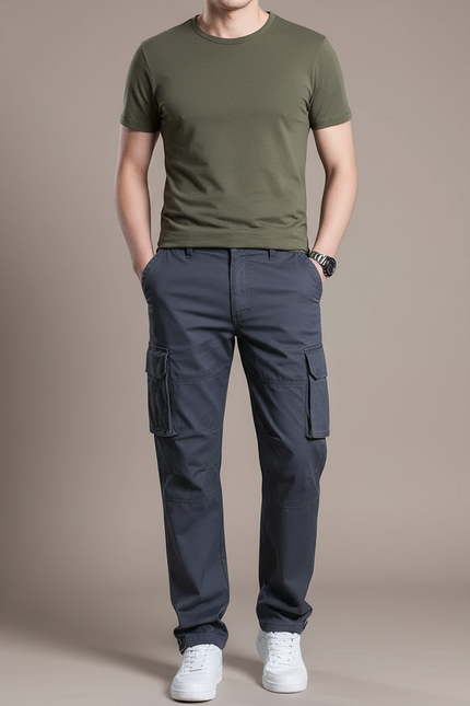 Pantalon Cargo Coton Gris Multipoches Décontracté Homme