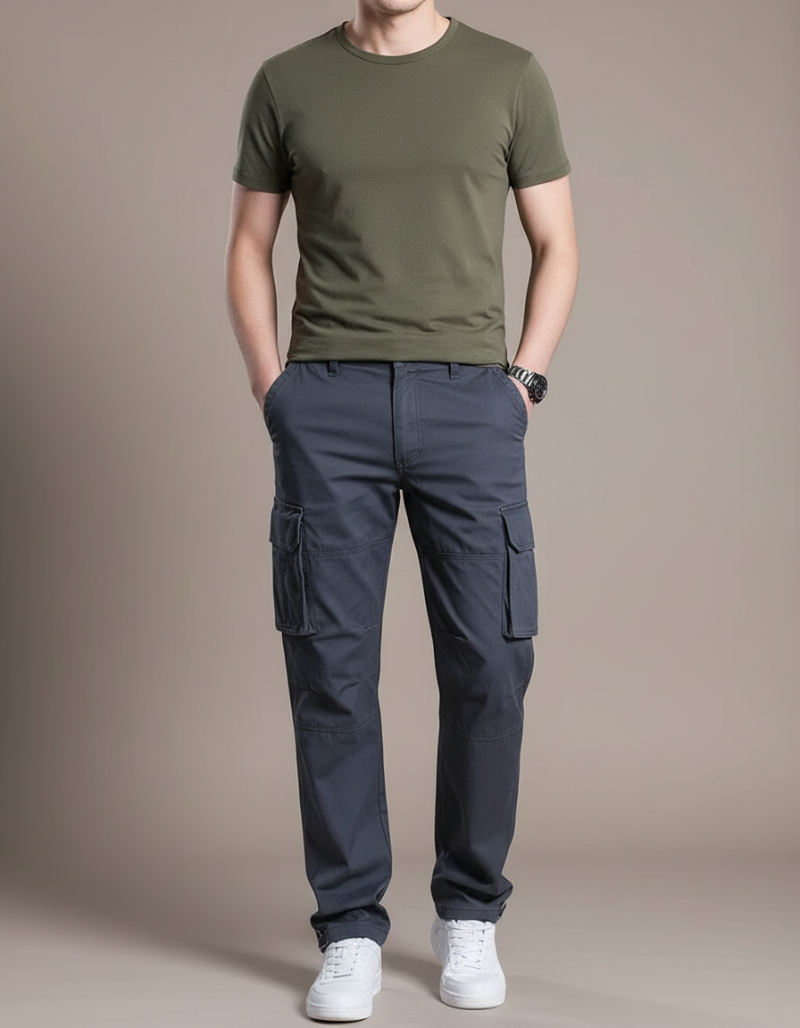 Pantalon Cargo Coton Gris Multipoches Décontracté Homme