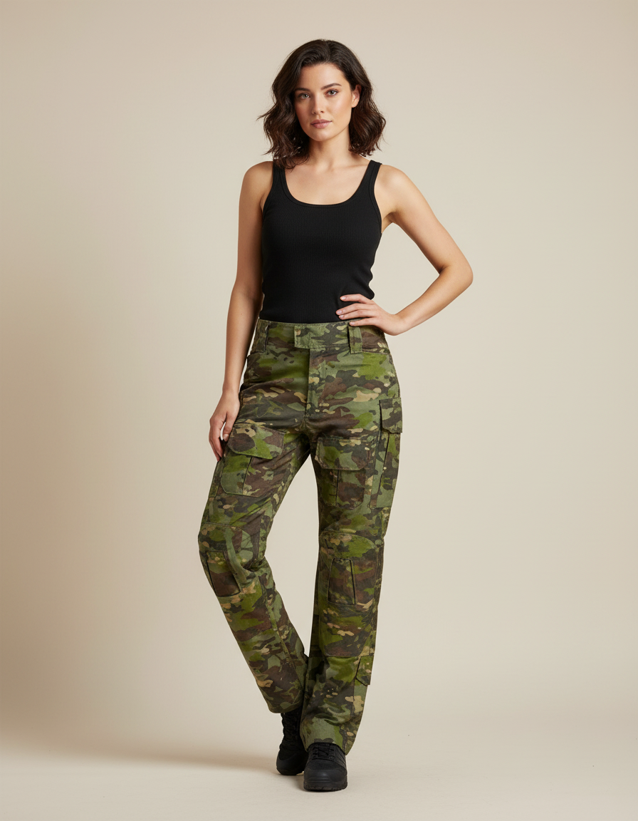 Pantalon Cargo Camouflage Militaire Femme Ample Vert - Toile