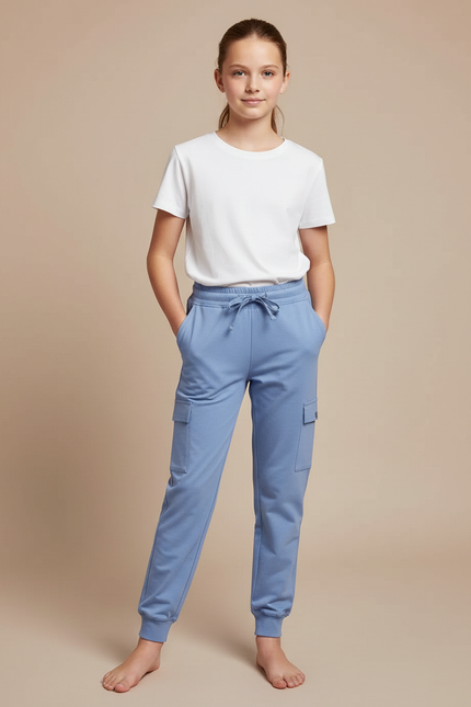 Pantalon Cargo Bleu Ciel Coton Multi-Poches Enfant - Molleton