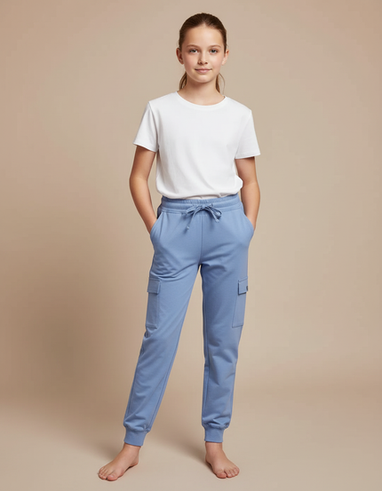 Pantalon Cargo Bleu Ciel Coton Multi-Poches Enfant - Molleton
