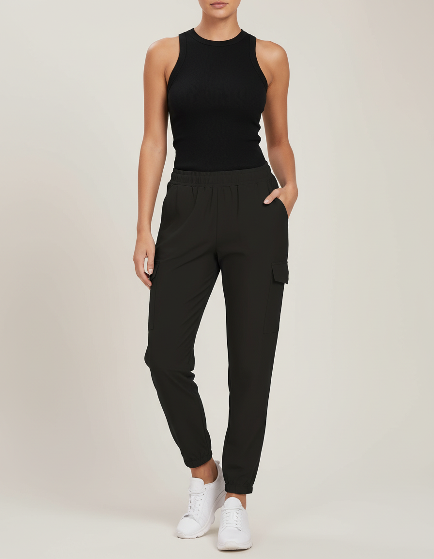 Pantalon Cargo Noir Ample Fluide Léger Femme - Kaki Polyester
