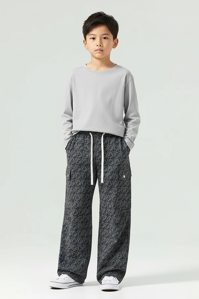 Pantalon Cargo Gris Imprimé Ample Décontracté Enfant - Molleton