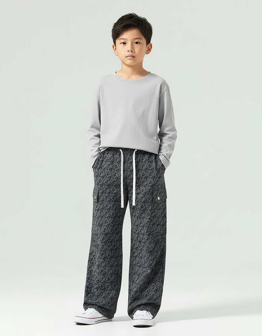 Pantalon Cargo Gris Imprimé Ample Décontracté Enfant - Molleton