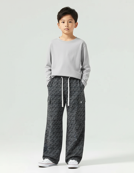 Pantalon Cargo Gris Imprimé Ample Décontracté Enfant - Molleton