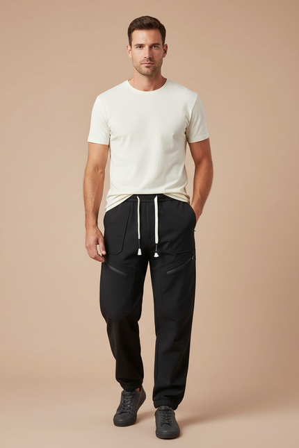 Pantalon Cargo Noir Homme Décontracté Poches Zippées - Polyester