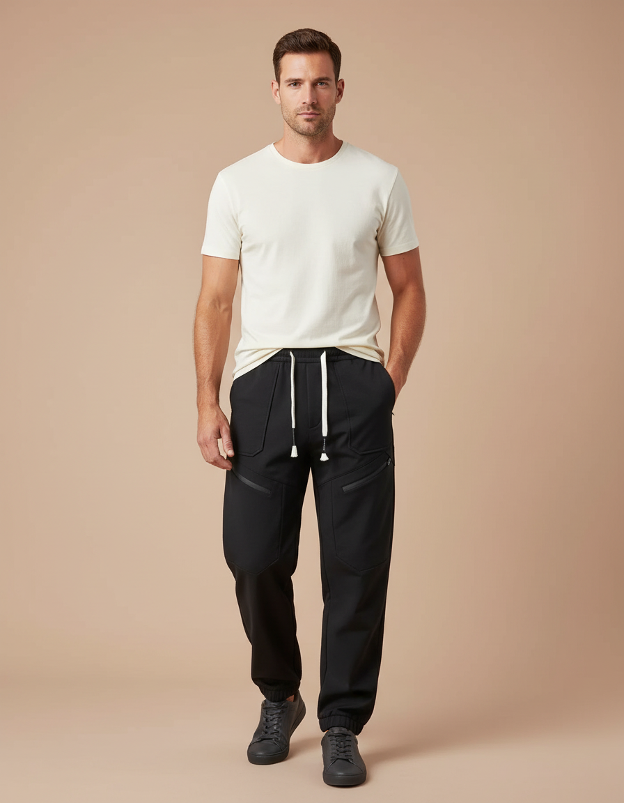 Pantalon Cargo Noir Homme Décontracté Poches Zippées - Polyester