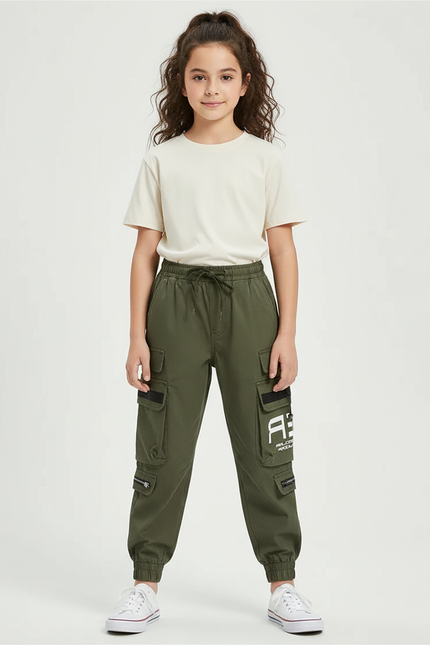 Pantalon Cargo Vert Militaire Ample Multipoches Enfant - Kaki Polyester